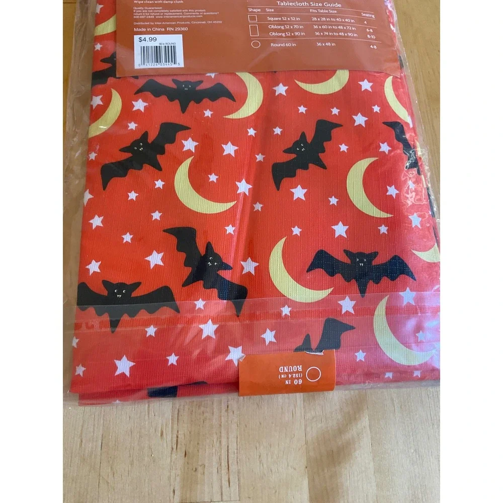 Holiday Home Halloween Bats Tablecloth Vinyl Orange Round 60 Inch PEVA New